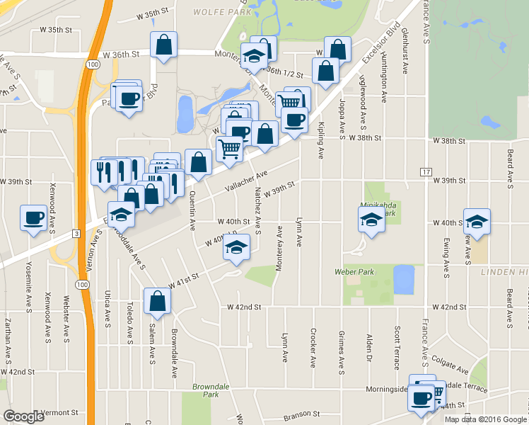map of restaurants, bars, coffee shops, grocery stores, and more near 3963 Natchez Avenue South in Minneapolis