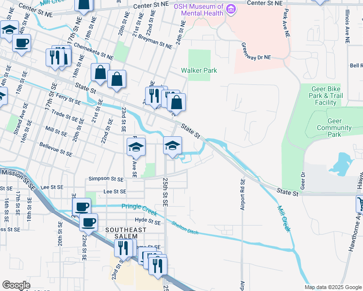 map of restaurants, bars, coffee shops, grocery stores, and more near 2600 State Street in Salem