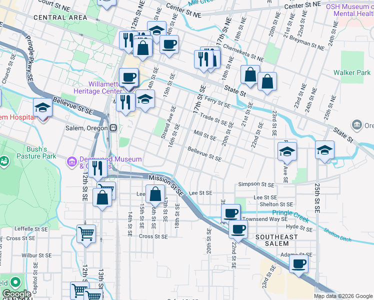 map of restaurants, bars, coffee shops, grocery stores, and more near 1670-1690 Bellevue Street Southeast in Salem