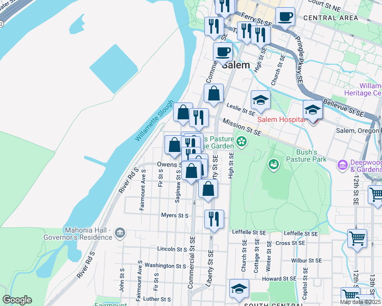 map of restaurants, bars, coffee shops, grocery stores, and more near 160 Bush Street South in Salem