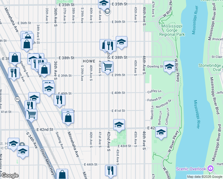map of restaurants, bars, coffee shops, grocery stores, and more near 3950 42nd Avenue South in Minneapolis