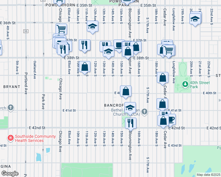 map of restaurants, bars, coffee shops, grocery stores, and more near 3946 14th Avenue South in Minneapolis