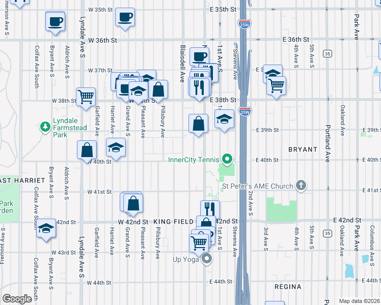 map of restaurants, bars, coffee shops, grocery stores, and more near 3944 Van Nest Avenue in Minneapolis