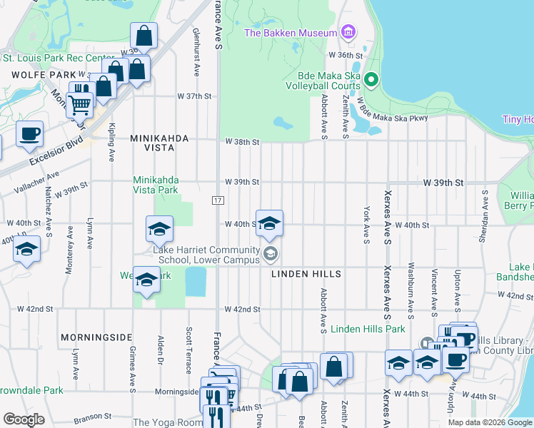 map of restaurants, bars, coffee shops, grocery stores, and more near 3944 Chowen Avenue South in Minneapolis