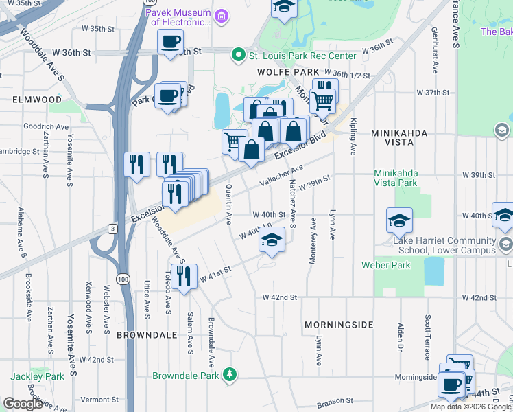 map of restaurants, bars, coffee shops, grocery stores, and more near 3964 Princeton Avenue South in St. Louis Park