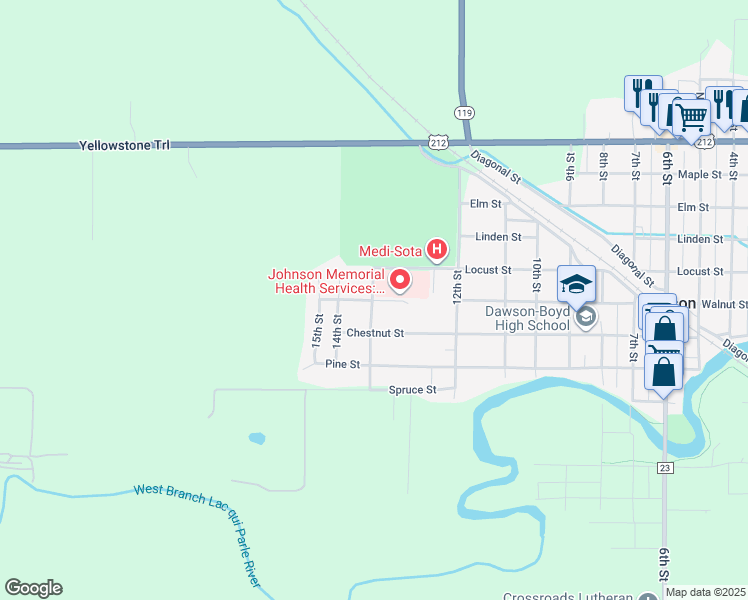 map of restaurants, bars, coffee shops, grocery stores, and more near 618 Memorial Place in Dawson