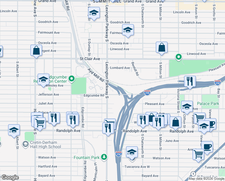 map of restaurants, bars, coffee shops, grocery stores, and more near 360 Lexington Parkway South in Saint Paul