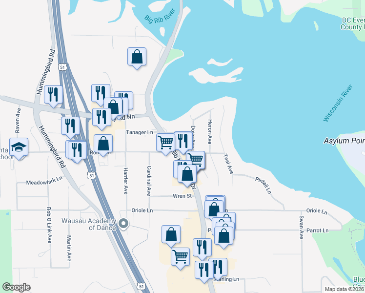 map of restaurants, bars, coffee shops, grocery stores, and more near 1602 Robin Lane in Wausau