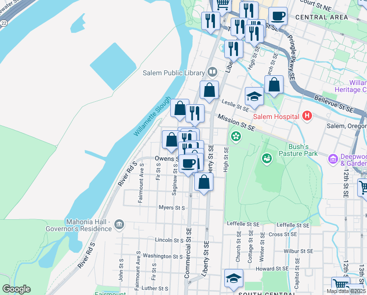 map of restaurants, bars, coffee shops, grocery stores, and more near 160 Bush Street South in Salem