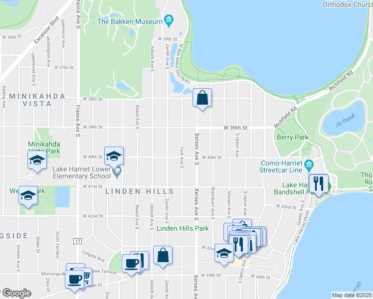 map of restaurants, bars, coffee shops, grocery stores, and more near 3939 York Avenue South in Minneapolis