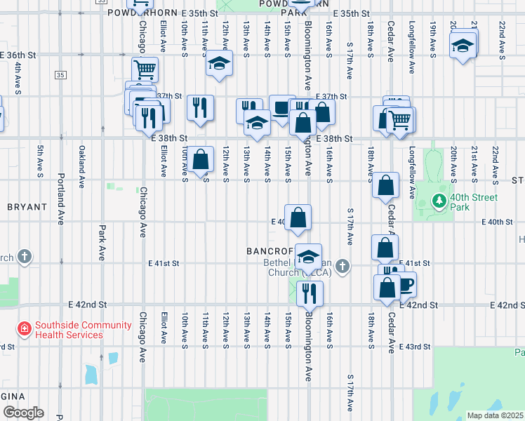map of restaurants, bars, coffee shops, grocery stores, and more near 3946 14th Avenue South in Minneapolis