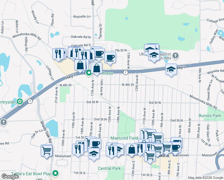 map of restaurants, bars, coffee shops, grocery stores, and more near 335 15th Ave N in Hopkins