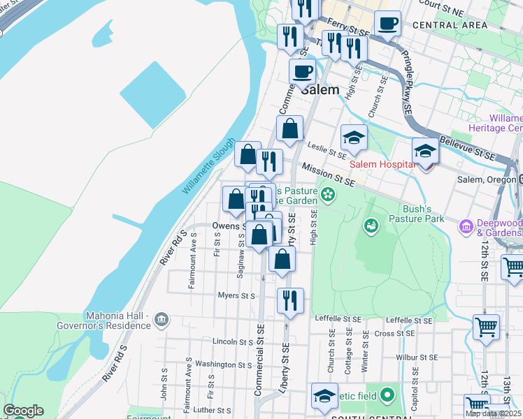 map of restaurants, bars, coffee shops, grocery stores, and more near 160 Bush Street South in Salem