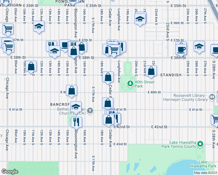 map of restaurants, bars, coffee shops, grocery stores, and more near 3936 Cedar Avenue in Minneapolis