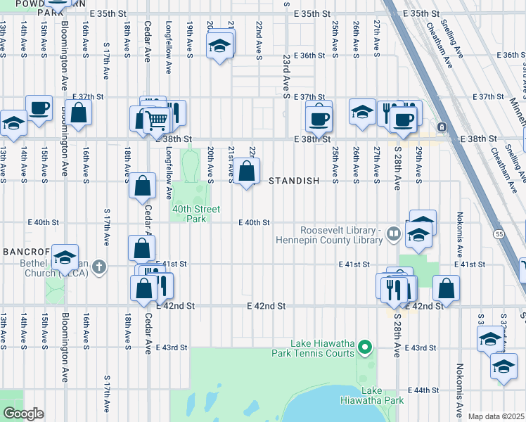 map of restaurants, bars, coffee shops, grocery stores, and more near 2210 East 40th Street in Minneapolis