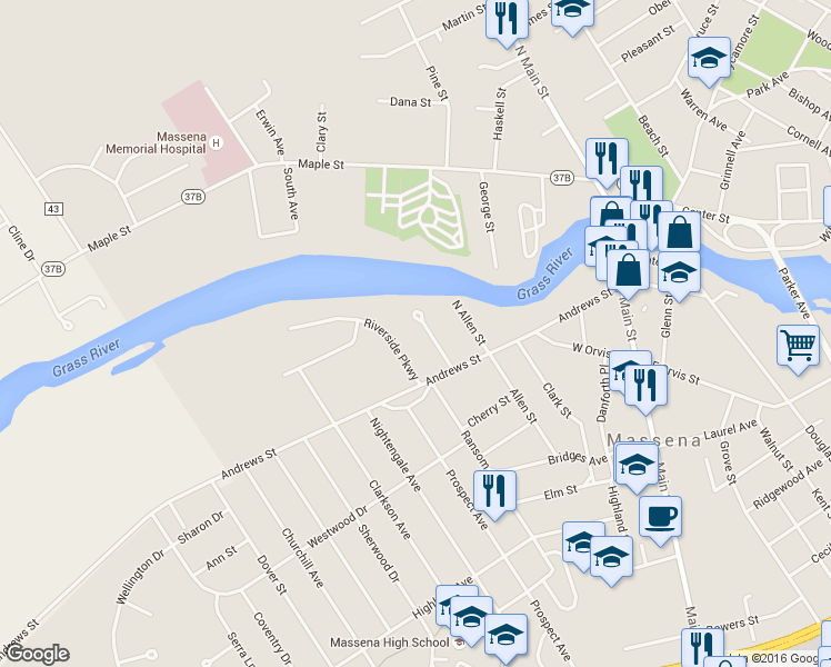 map of restaurants, bars, coffee shops, grocery stores, and more near 14 Hillcrest Ave in Massena