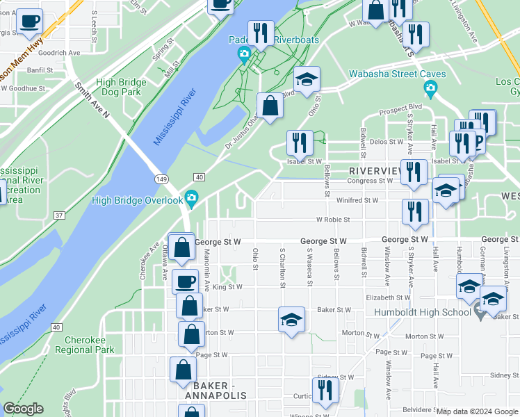 map of restaurants, bars, coffee shops, grocery stores, and more near 500 Ohio Street in Saint Paul