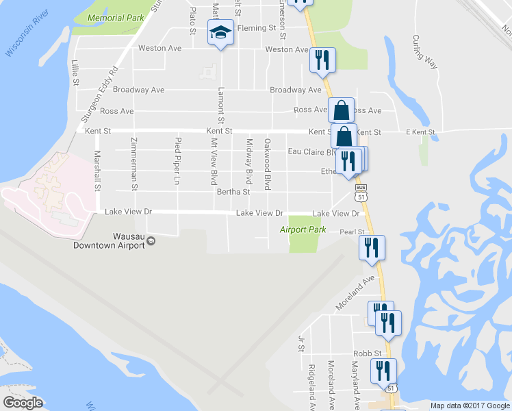 map of restaurants, bars, coffee shops, grocery stores, and more near 2511 Midway Blvd in Wausau