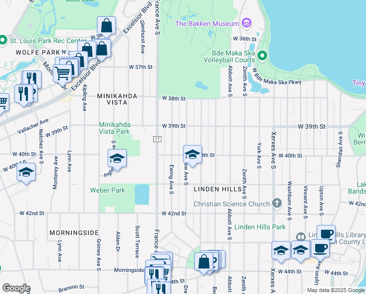map of restaurants, bars, coffee shops, grocery stores, and more near 3944 Drew Avenue South in Minneapolis