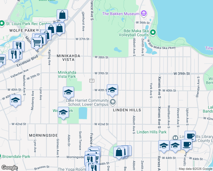 map of restaurants, bars, coffee shops, grocery stores, and more near 3944 Drew Avenue South in Minneapolis
