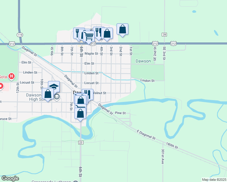 map of restaurants, bars, coffee shops, grocery stores, and more near 205 Walnut Street in Dawson
