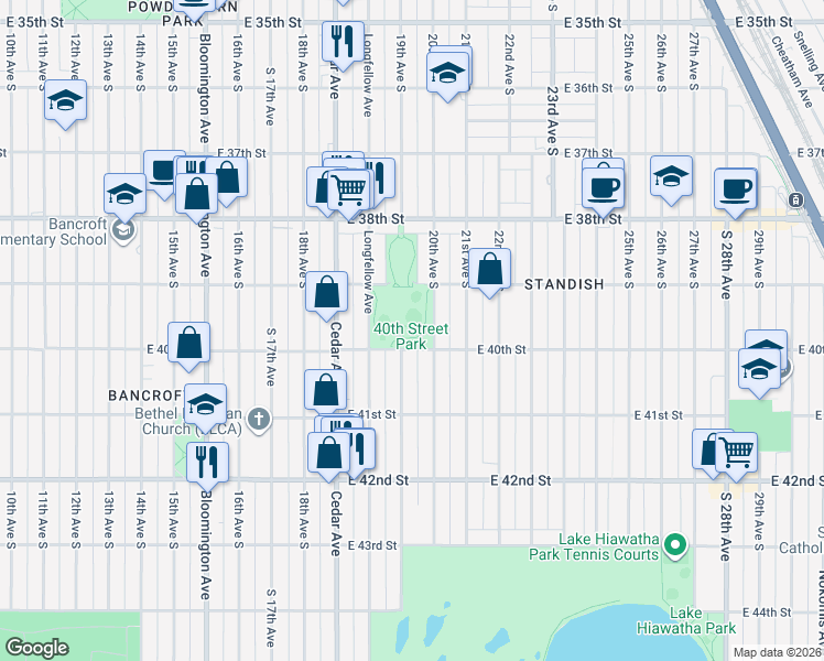 map of restaurants, bars, coffee shops, grocery stores, and more near 1900 East 40th Street in Minneapolis
