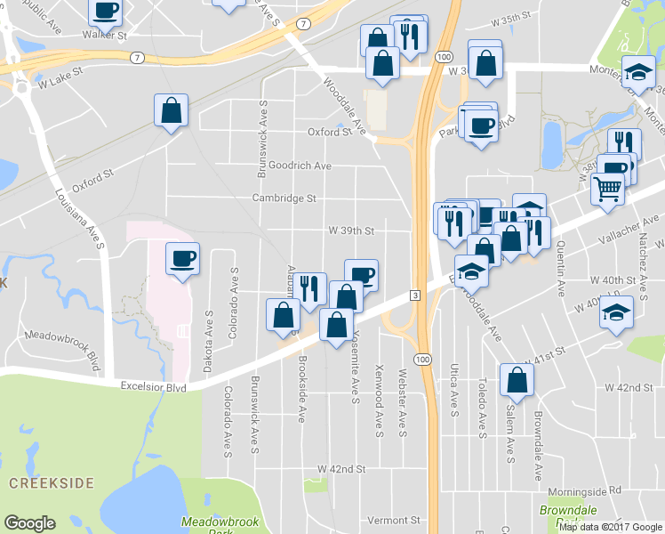 map of restaurants, bars, coffee shops, grocery stores, and more near 3933 Zarthan Avenue South in Minneapolis