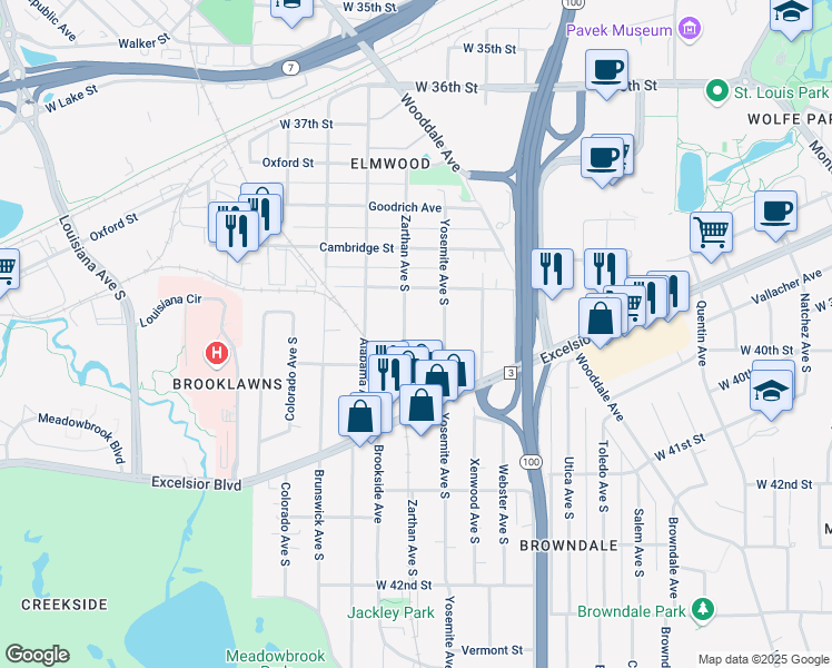 map of restaurants, bars, coffee shops, grocery stores, and more near 3933 Zarthan Avenue South in Minneapolis