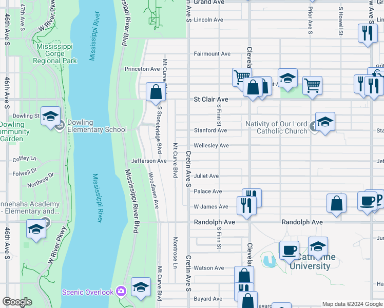 map of restaurants, bars, coffee shops, grocery stores, and more near 352 Cretin Avenue South in Saint Paul