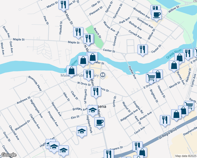 map of restaurants, bars, coffee shops, grocery stores, and more near 44 Glenn Street in Massena
