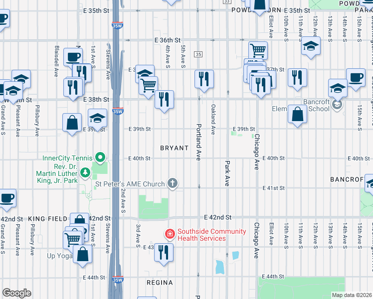 map of restaurants, bars, coffee shops, grocery stores, and more near 3943 South 5th Avenue in Minneapolis