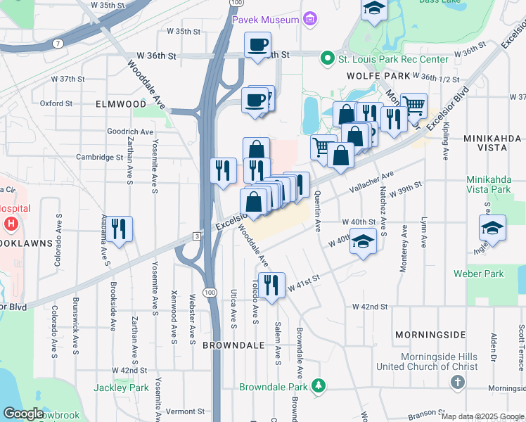 map of restaurants, bars, coffee shops, grocery stores, and more near 5169 Excelsior Boulevard in Minneapolis