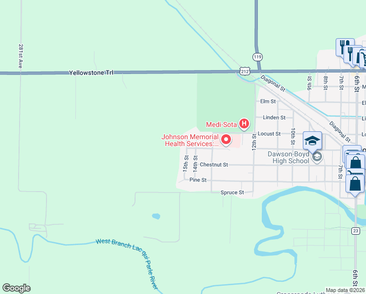 map of restaurants, bars, coffee shops, grocery stores, and more near 578 15th Street in Dawson