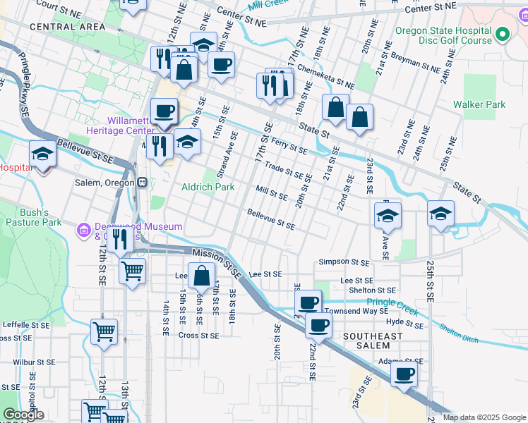 map of restaurants, bars, coffee shops, grocery stores, and more near 480 18th Street Southeast in Salem