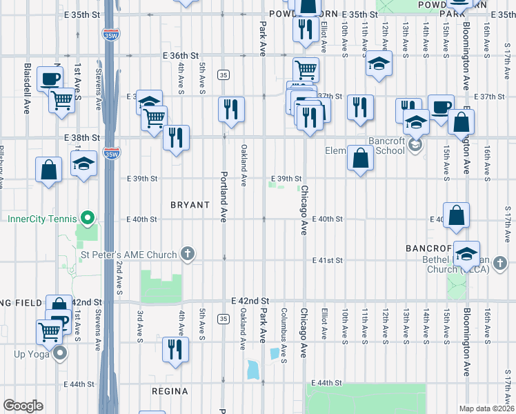 map of restaurants, bars, coffee shops, grocery stores, and more near 3944 Park Avenue in Minneapolis