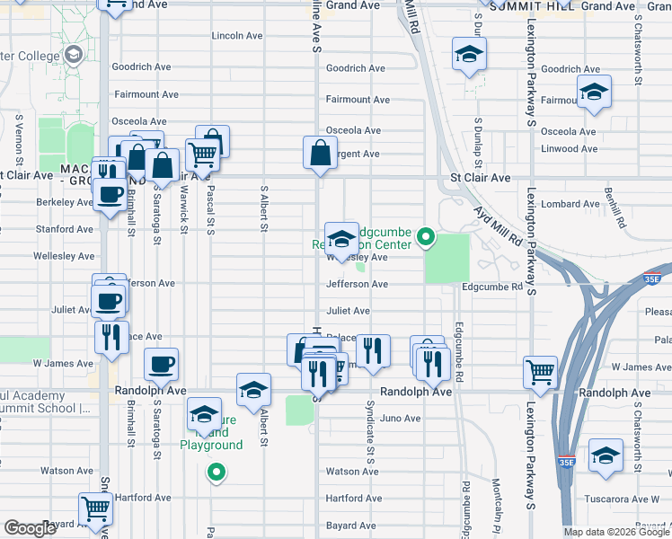 map of restaurants, bars, coffee shops, grocery stores, and more near 348 Hamline Avenue South in Saint Paul