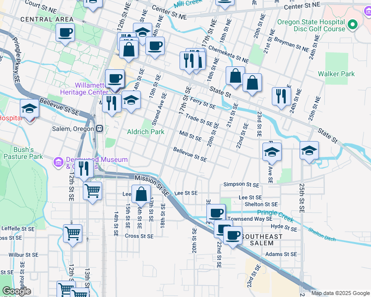 map of restaurants, bars, coffee shops, grocery stores, and more near 480 18th Street Southeast in Salem