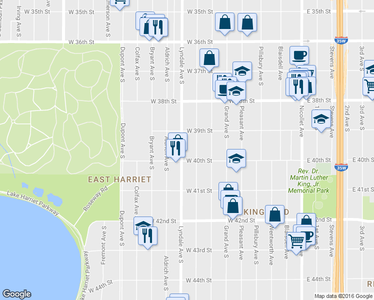 map of restaurants, bars, coffee shops, grocery stores, and more near 3945 Lyndale Avenue South in Minneapolis
