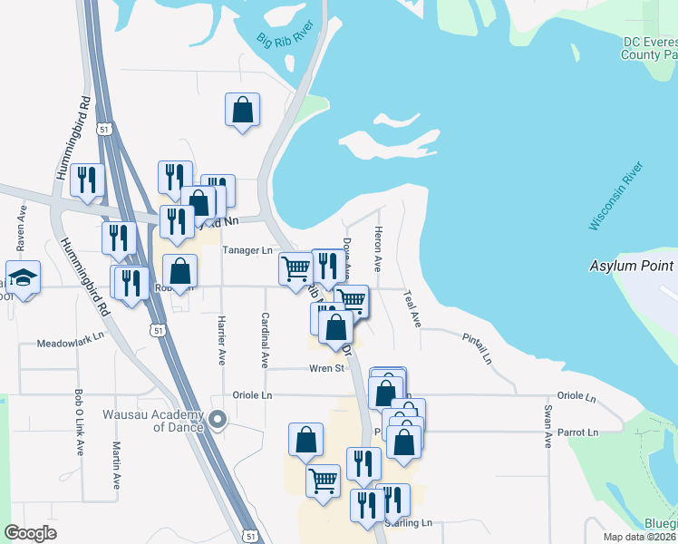 map of restaurants, bars, coffee shops, grocery stores, and more near 1602 Robin Lane in Wausau