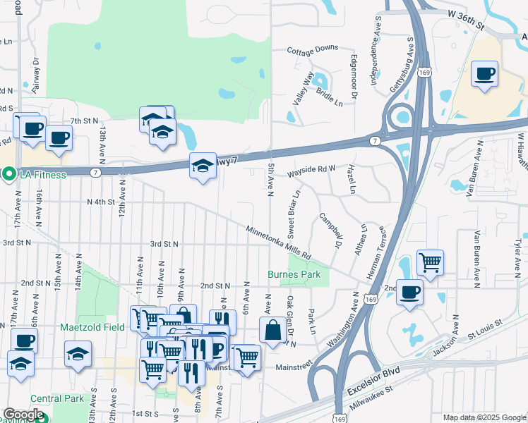 map of restaurants, bars, coffee shops, grocery stores, and more near 334 5th Avenue North in Hopkins