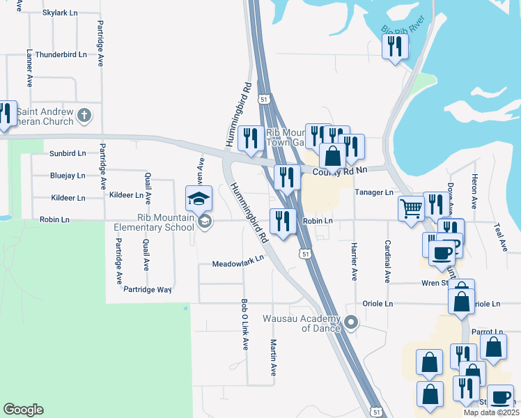 map of restaurants, bars, coffee shops, grocery stores, and more near 2800 Martin Avenue in Wausau