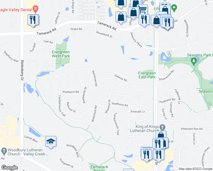 map of restaurants, bars, coffee shops, grocery stores, and more near 8110 Somerset Knoll in Woodbury