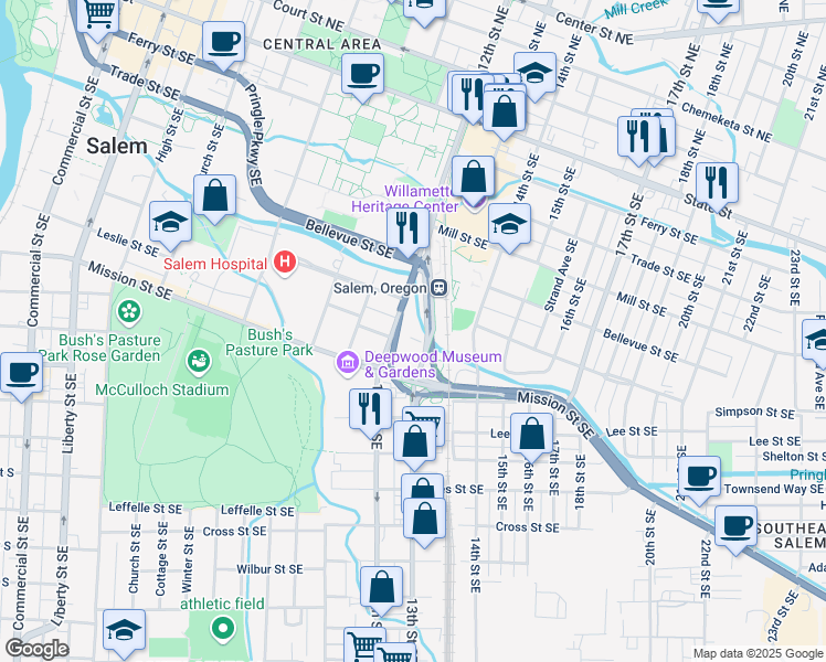 map of restaurants, bars, coffee shops, grocery stores, and more near 13th Street Southeast in Salem