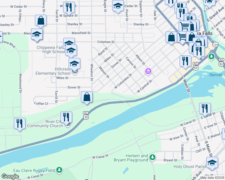 map of restaurants, bars, coffee shops, grocery stores, and more near West Columbia Street in Chippewa Falls