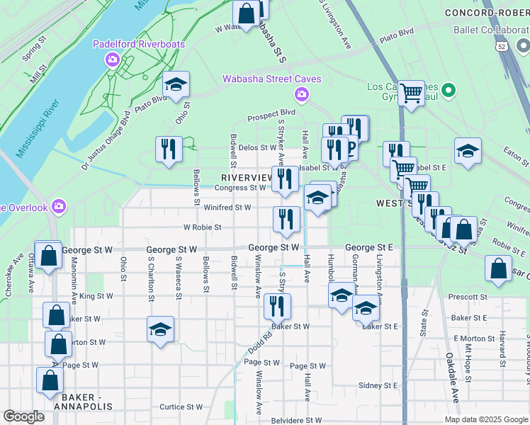 map of restaurants, bars, coffee shops, grocery stores, and more near 90 Winifred St W in St Paul