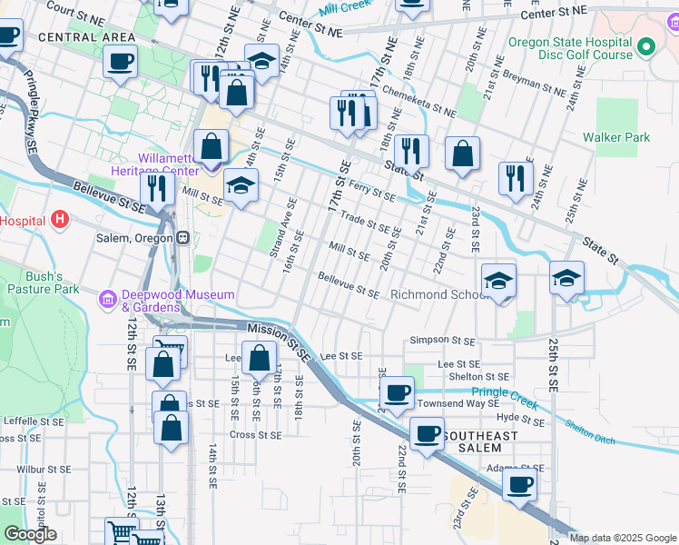 map of restaurants, bars, coffee shops, grocery stores, and more near 480 18th Street Southeast in Salem