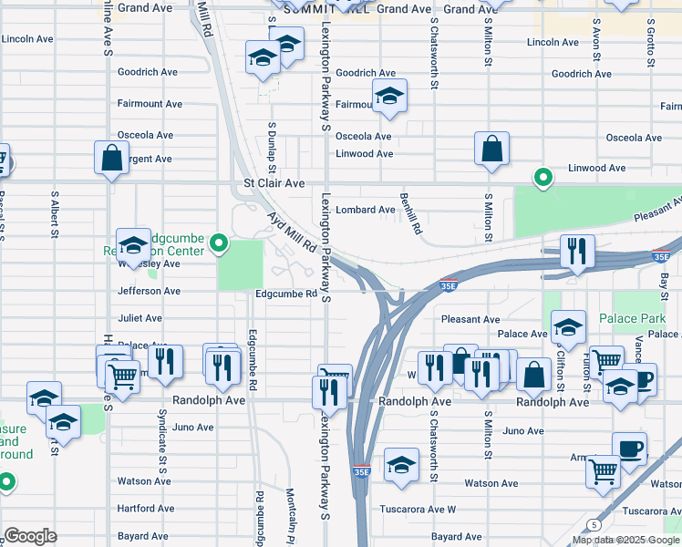 map of restaurants, bars, coffee shops, grocery stores, and more near 360 Lexington Parkway South in Saint Paul