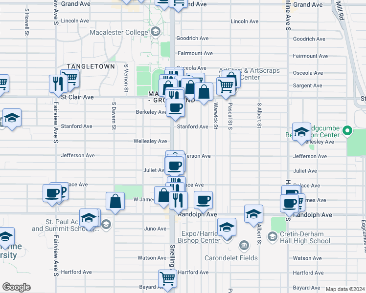 map of restaurants, bars, coffee shops, grocery stores, and more near 350 Snelling Avenue South in Saint Paul
