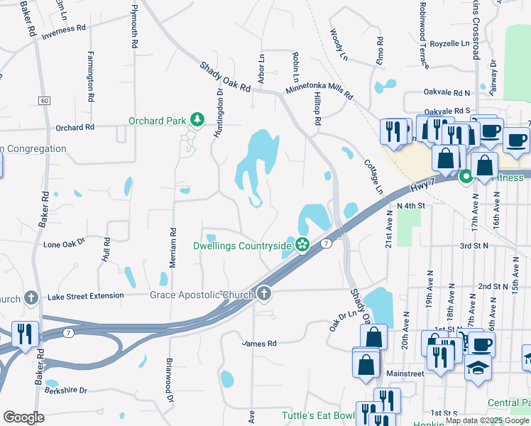 map of restaurants, bars, coffee shops, grocery stores, and more near 4014 Auburn Drive in Hopkins