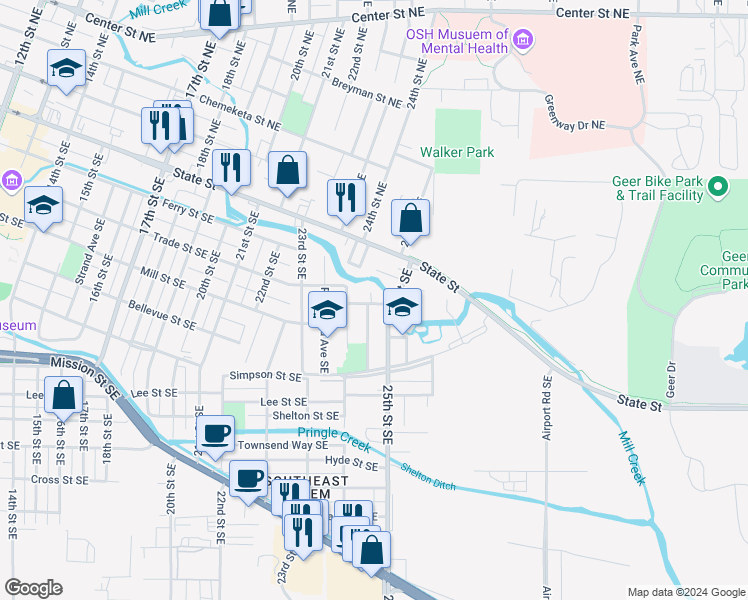 map of restaurants, bars, coffee shops, grocery stores, and more near 364 24th Street Southeast in Salem